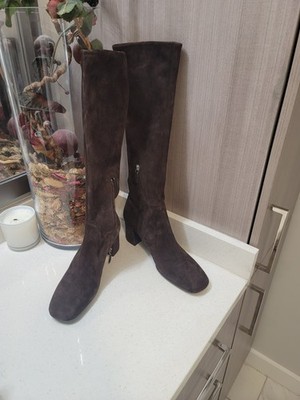 Prada Leather Suede Knee High Heeled Boots Size 40 Brown