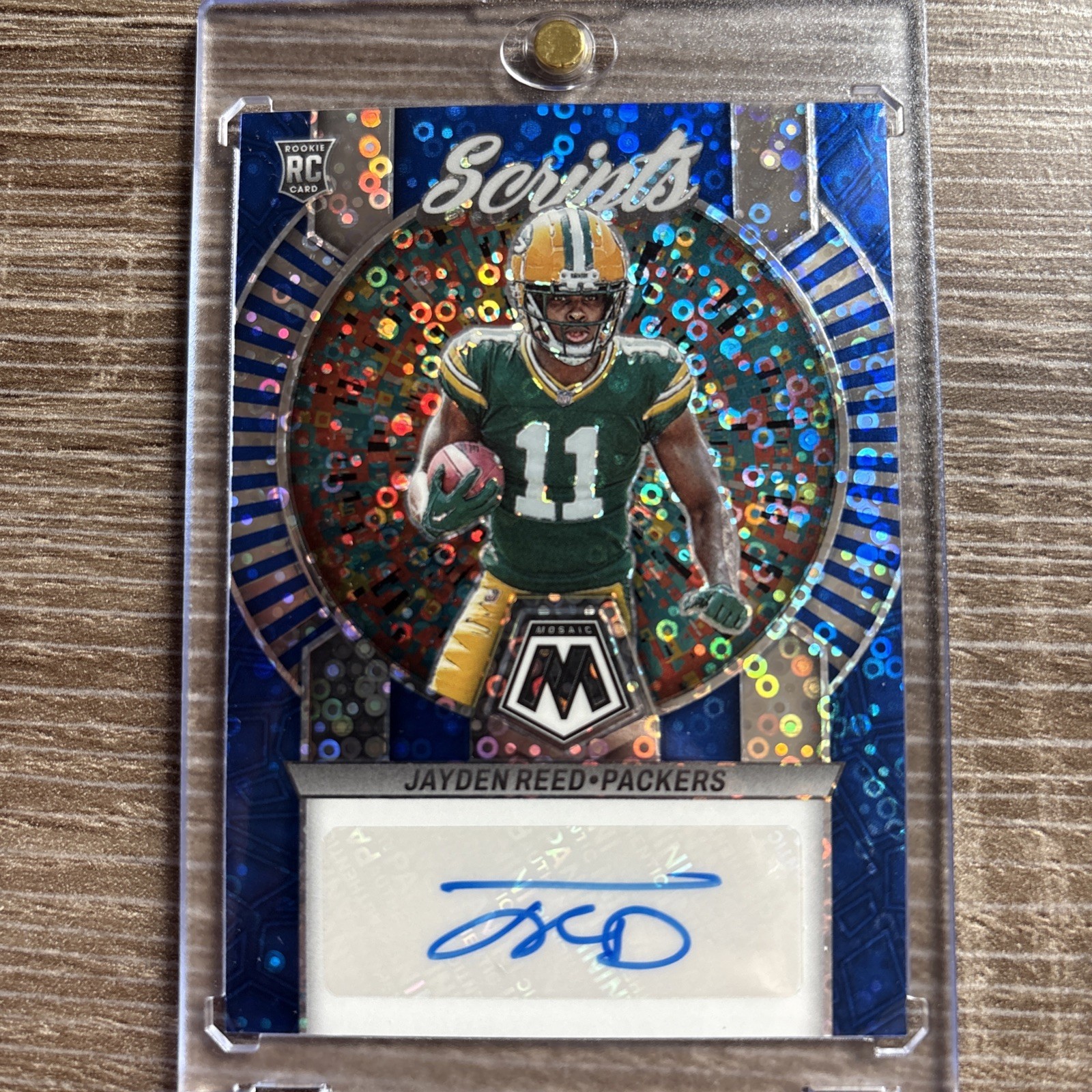 2023 Panini Mosaic - Rookie Scripts No Huddle Blue - Jayden Reed Auto Packers