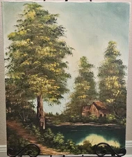 R. Wilke Handpainted & Signed Canvas Painting ~ Home By A Lake Beautiful Detail