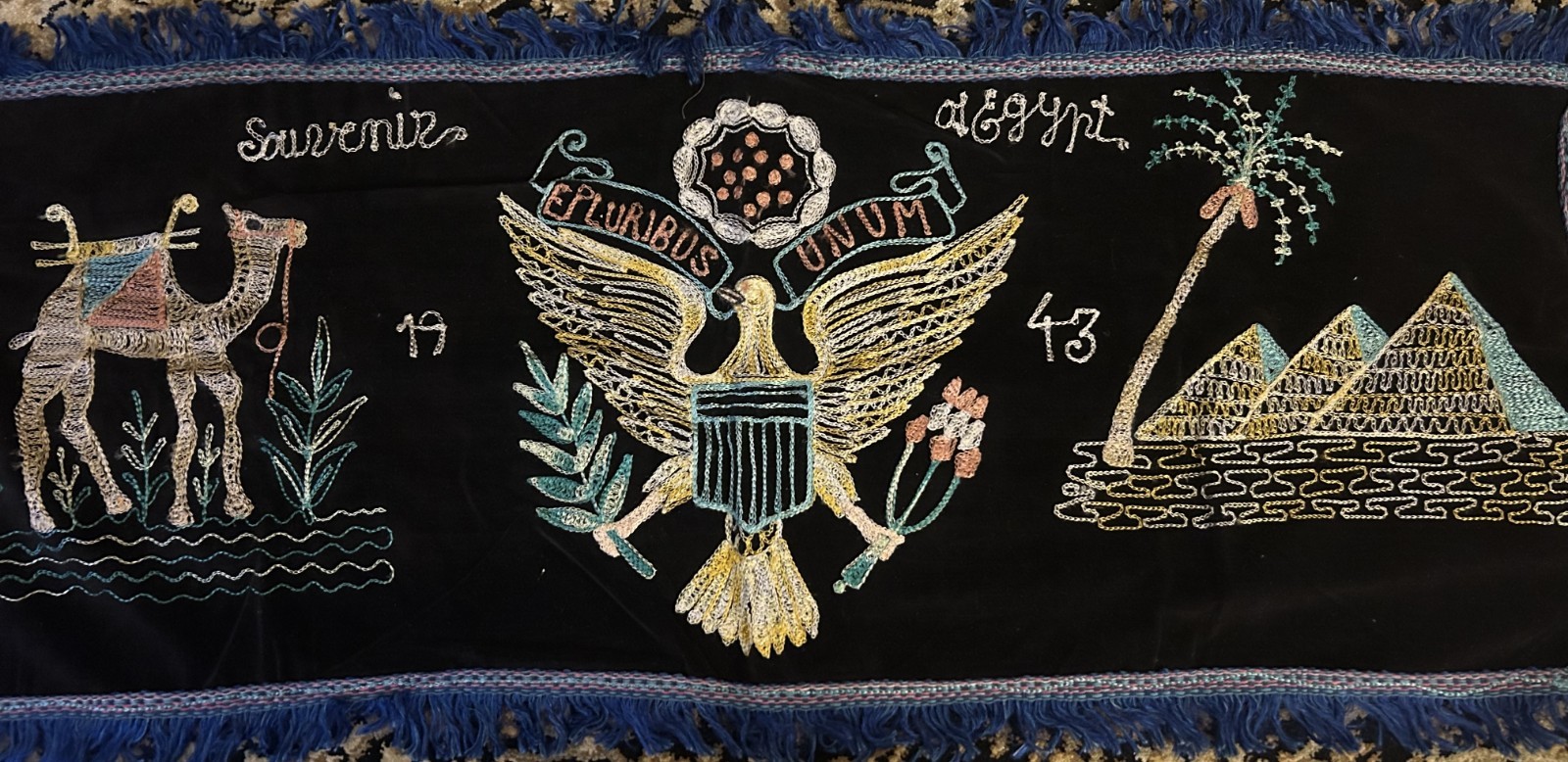 VINTAGE 1943 EGYPTIAN SOUVENIR TAPESTRY BLACK VELVET EMBROIDERED 29"X12"