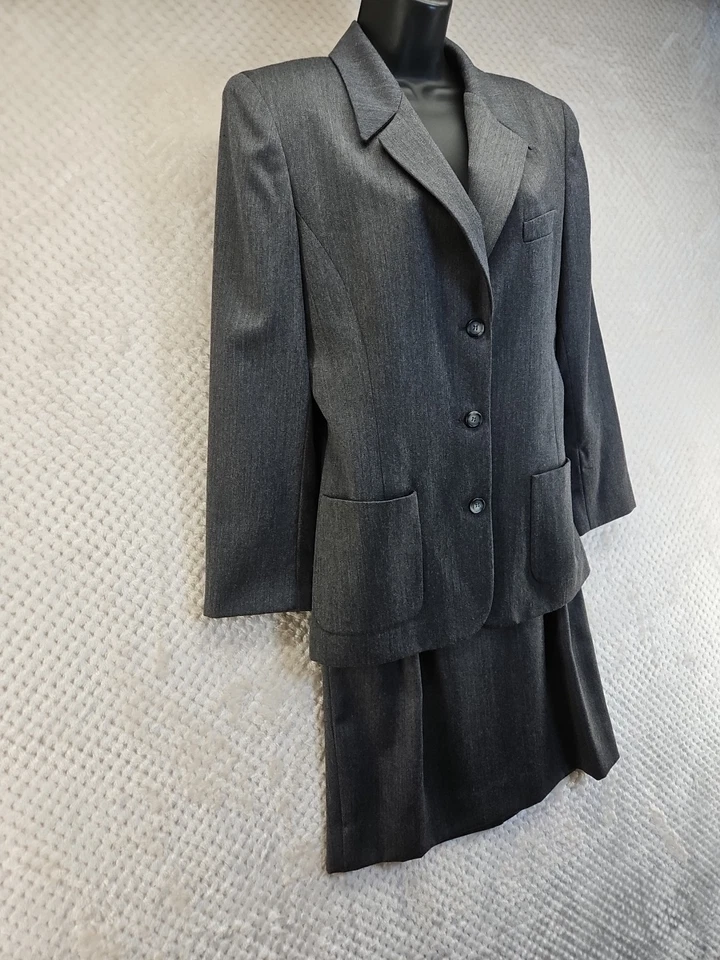LIZ CLAIBORNE Mujeres 100% Lana Falda Blazer Traje Estilo 3 Botones Gris Talla 8 Excelente Foto 2 de 4