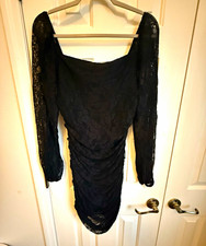 EXPRESS Womens XS Black Floral Lace Sheer Ruched Scoop Neck Bodycon Mini Dress