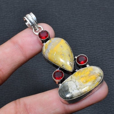 Bumble Bee Jasper, Garnet Handmade 925 Sterling Silver Jewelry Pendant 2.27'' a17