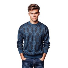 Progetto Made in Italy Vintage Mens Blue Black Geometric Knit Sweater Large