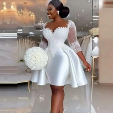 Classic Short Satin Wedding Dresses Beaded 3/4 Sleeves Black Girls Bridal Gowns