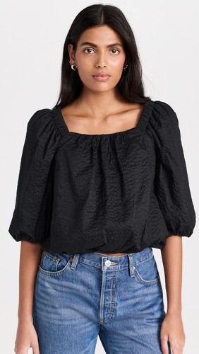 AYR The Midsummer Japanese Crinkle Cotton Top Puff Sleeve Square Neck Sz M