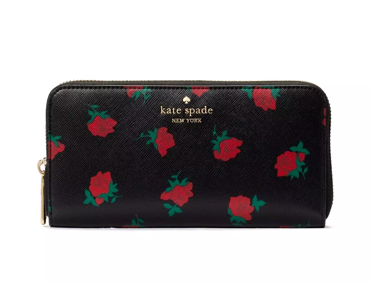 New Kate Spade Madison Rose Toss Printed Large Continental Wallet Black  Multi