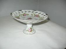 vintage Lefton pink rose open lace pedestal tidbit / snack dish tray