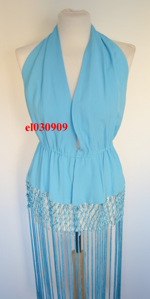 ZARA WOMAN NEW BLUE FRINGE TOP WITH OPEN BACK SIZE M REF