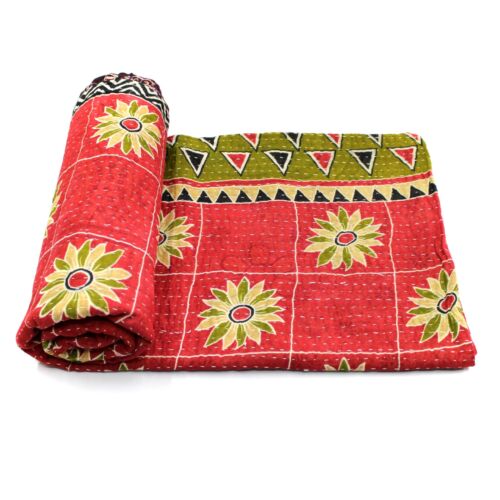 Vintage Kantha Quilt Indian Handmade Cotton Upcycled Bedding Blanket - Afbeelding 1 van 6
