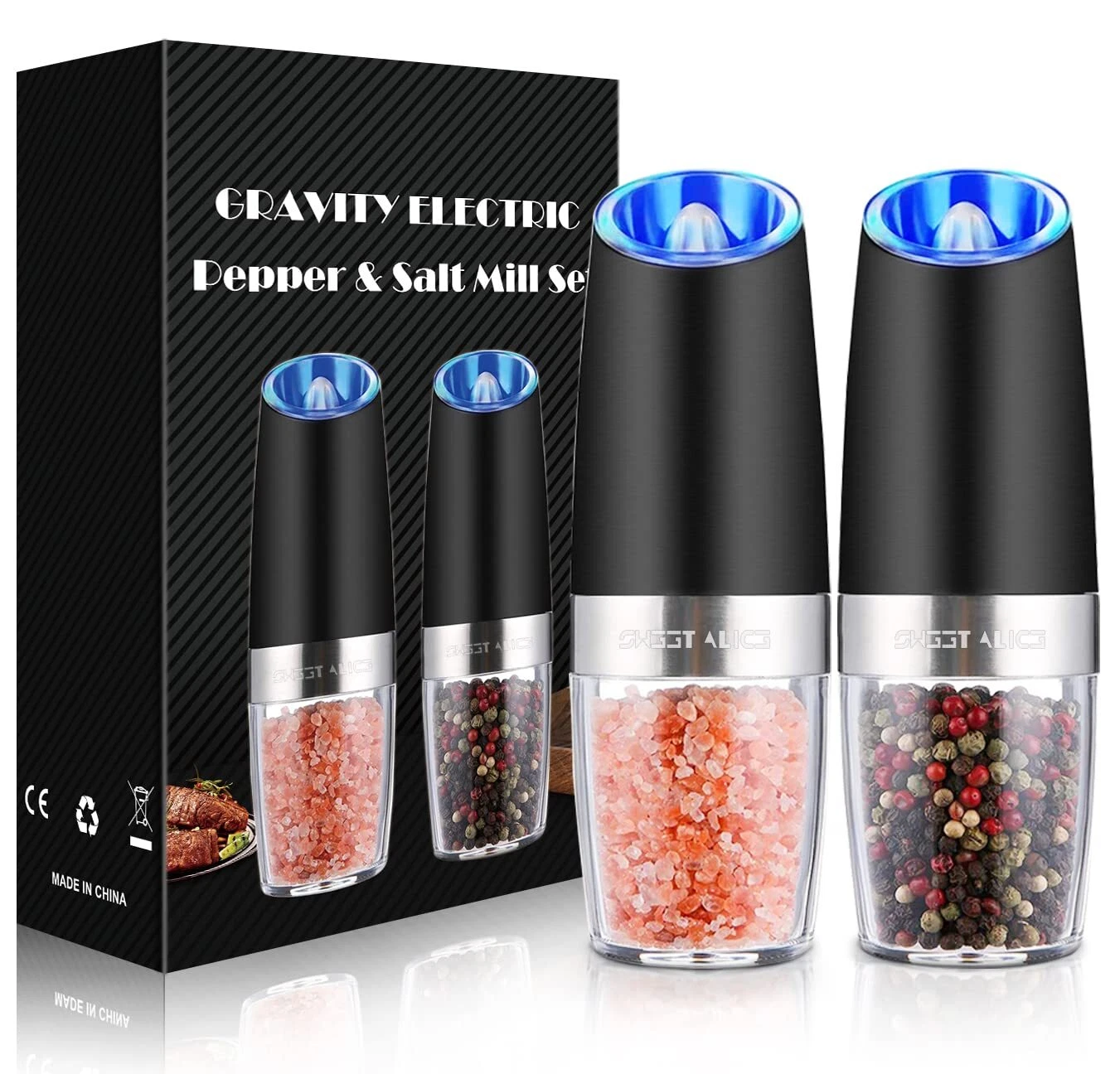 Sweet Alice Gravity Electric Pepper and Salt Grinder Set Adjustable Coarsenes...