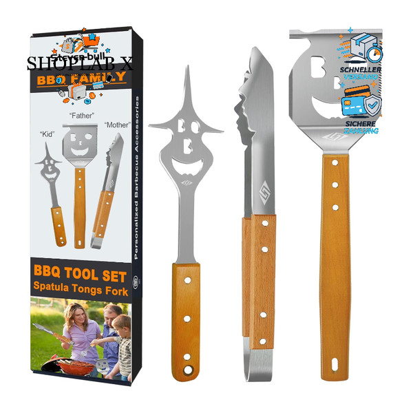 Grillbesteck-Set 3-Tlg. Edelstahl Holzgriff Grillzange Wender Fleischgabel-image