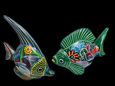 Mexican Pottery Fish Set Of 2 Folk Art Talavara Style Vibrant Colors F-5