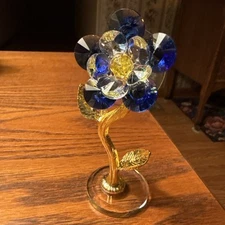 Unique Blue Crystal Plum Blossom Flower With Gold Leaves Figurine