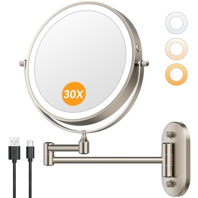 Auxmir 1X/30X Wall Mounted Lighted Makeup Mirror, 8'' 3200 mAh Rechargeable Do...