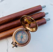 Antique brass walking cane nautical campass head wooden stick gift