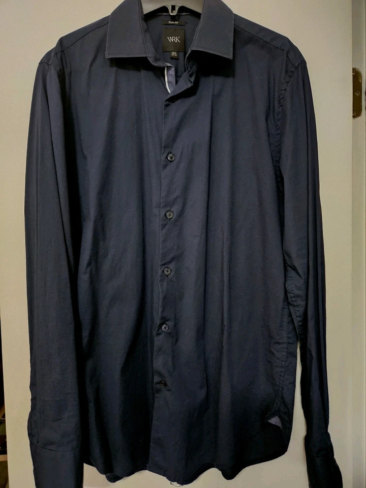 Camisa de Vestir WRK Work Rest Karma Para Hombres Sólida Elastizada Calce Ajustado Azul Marino 15.5 34/35 Foto 3 de 4