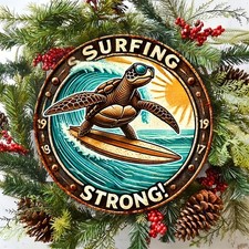Room Tin Metal Signs Home D cor 8x8 Surfing Strong Sea Turtle Round Aluminum,Vin