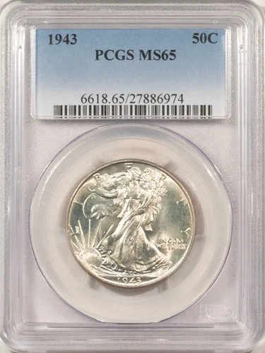 1943 WALKING LIBERTY HALF DOLLAR - PCGS MS-65, WHITE GEM!