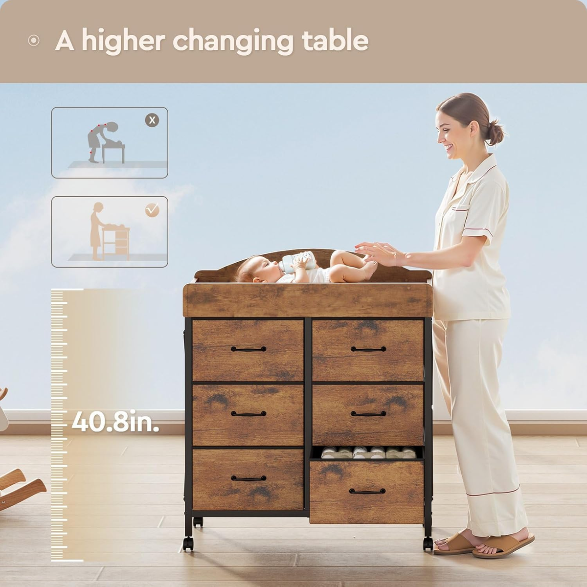 Rustic Baby Changing Table Dresser with Wheels & 6 Fabric Drawers,  Waterproof Pa