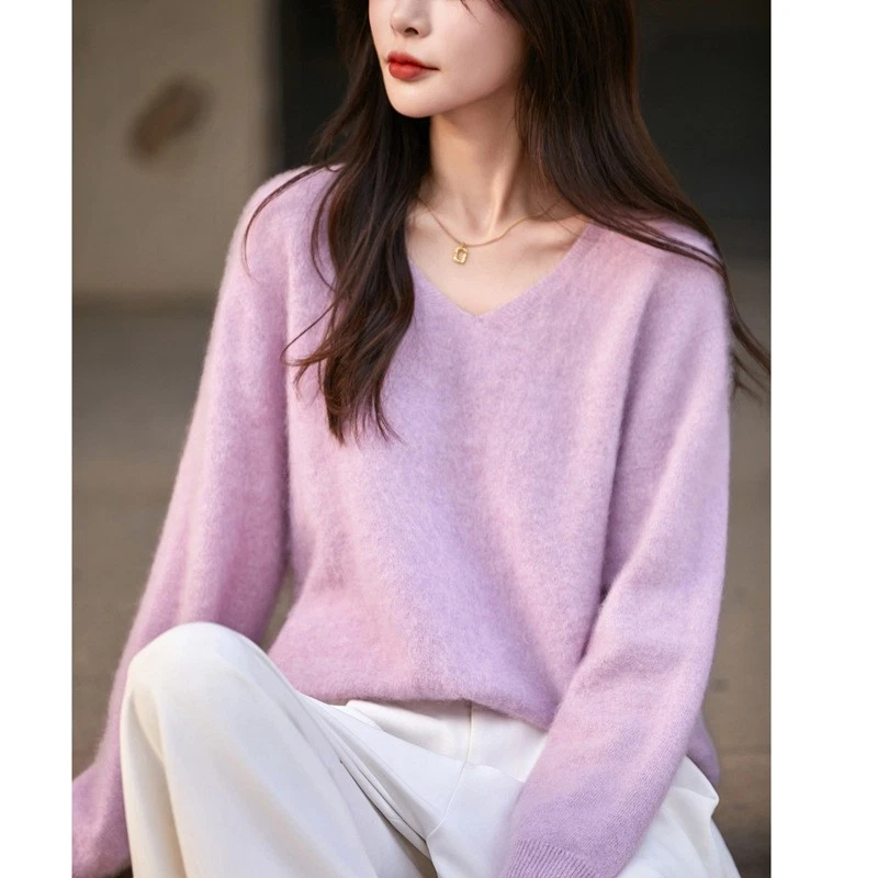 Suéter feminino de malha de cashmere com decote em V ajuste solto - Imagem 4 de 4