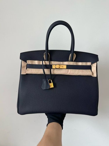 Auth Hermès Birkin 35 Handbag Bleu Nuit Leather Gold Hardware MintCondition