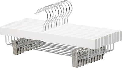 Durable Wooden Pants and Skirt Hangers with Clips, Closet Organizer, White, 10-P