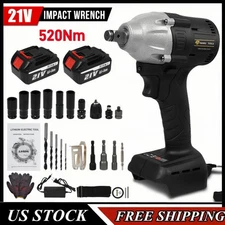Brushless 1/2'' Impact Wrench 520Nm Cordless LED Gun Driver Tool + 2 Battery 21V