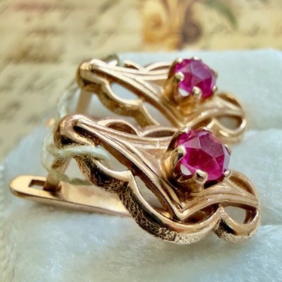 14k 585 Rose Gold & Gemstone Vintage East European Earrings -  USSR Era  - #1946