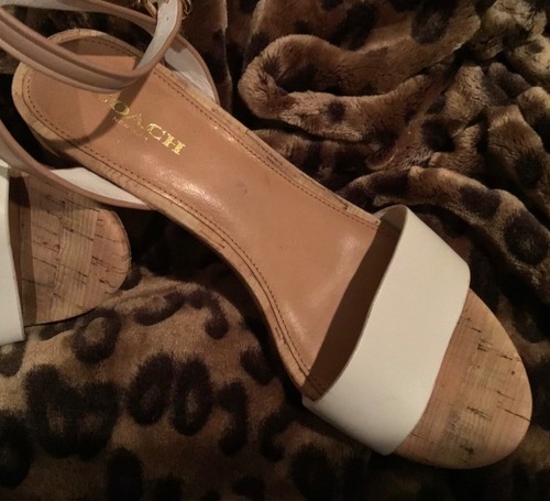 THOMPSON by Coach BEIGE & WHITE OPEN TOE ANKLE STRAP CORK HEEL SANDALS, 6.5 B - Picture 7 of 9