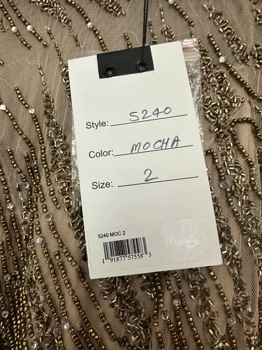 Nuevo Vestido Mac Duggal Mocha Manga Larga Superposición Transparente Lentejuelas 5240 Talla 2 - Imagen 5 de 13