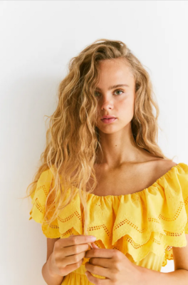 h&m yellow off shoulder dress H&M Off-the-shoulder Cotton Dress (Yellow)