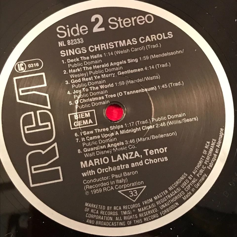 MARIO LANZA Sings Christmas Carols 1981 German Vinyl LP Silent Night First Noel - Image 4 of 4