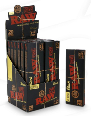   RAW BLACK 1 1/4 (1.25) SIZE PRE-ROLLED CONES  12PK     20 CONES PER PACK