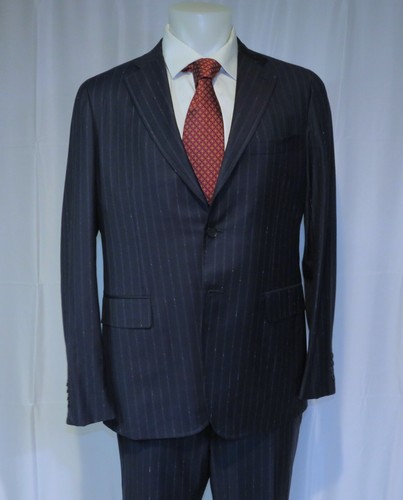 Isaia Super 140 Timeless Dotted Navy Blue Striped Current Two Button Suit 44L - Picture 10 of 19
