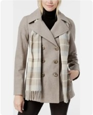 London Fog Ladies Plaid-scarf Peacoat Coat - Taupe Heather - Size L - Rrp $225