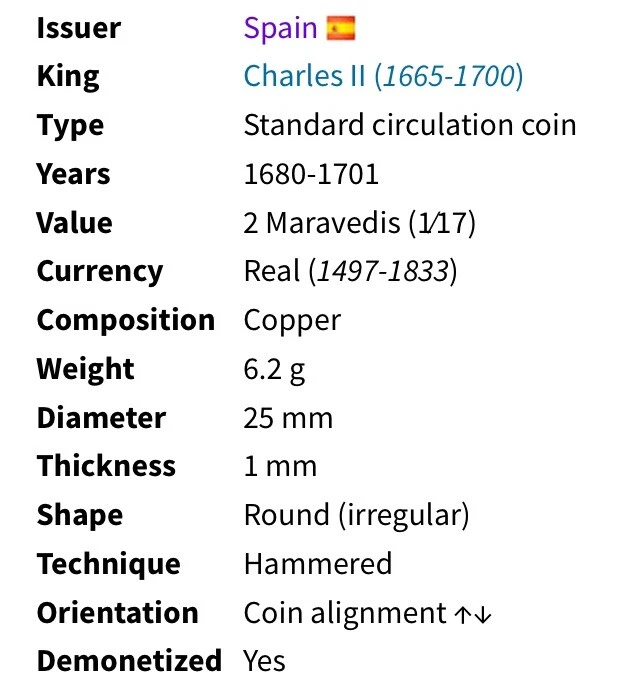 1680-1701 Coin Spanish Empire 2 Maravedis Castle & Lion Genuine Circulated Spain - Image 3 of 4