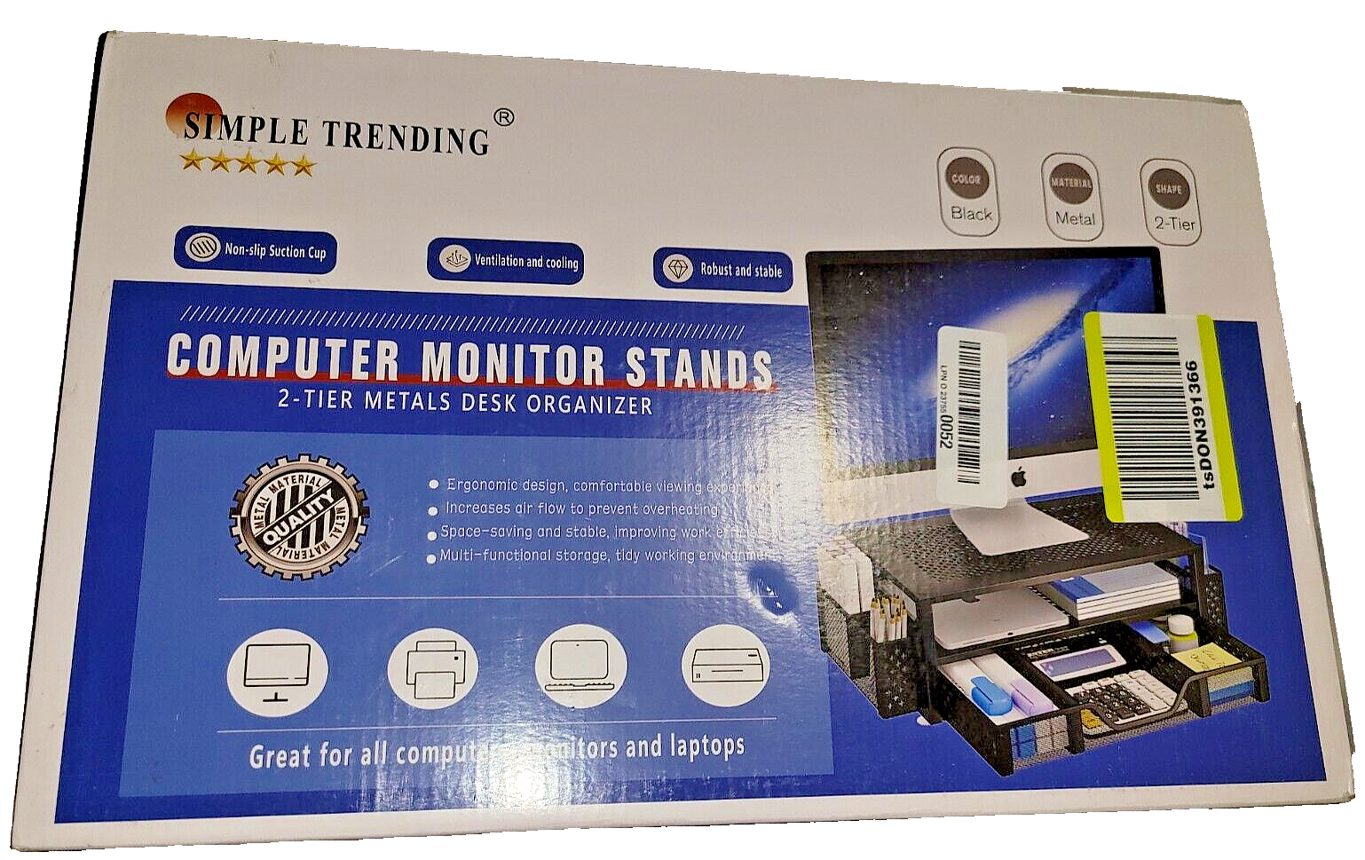 Black Mesh Monitor Stand Riser with Drawer - Desk Organizer - New in Box-image
