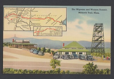 linen postcard ''The Wigwam & Western Summit. Mohawk Trail, Massachusetts'' w/ map