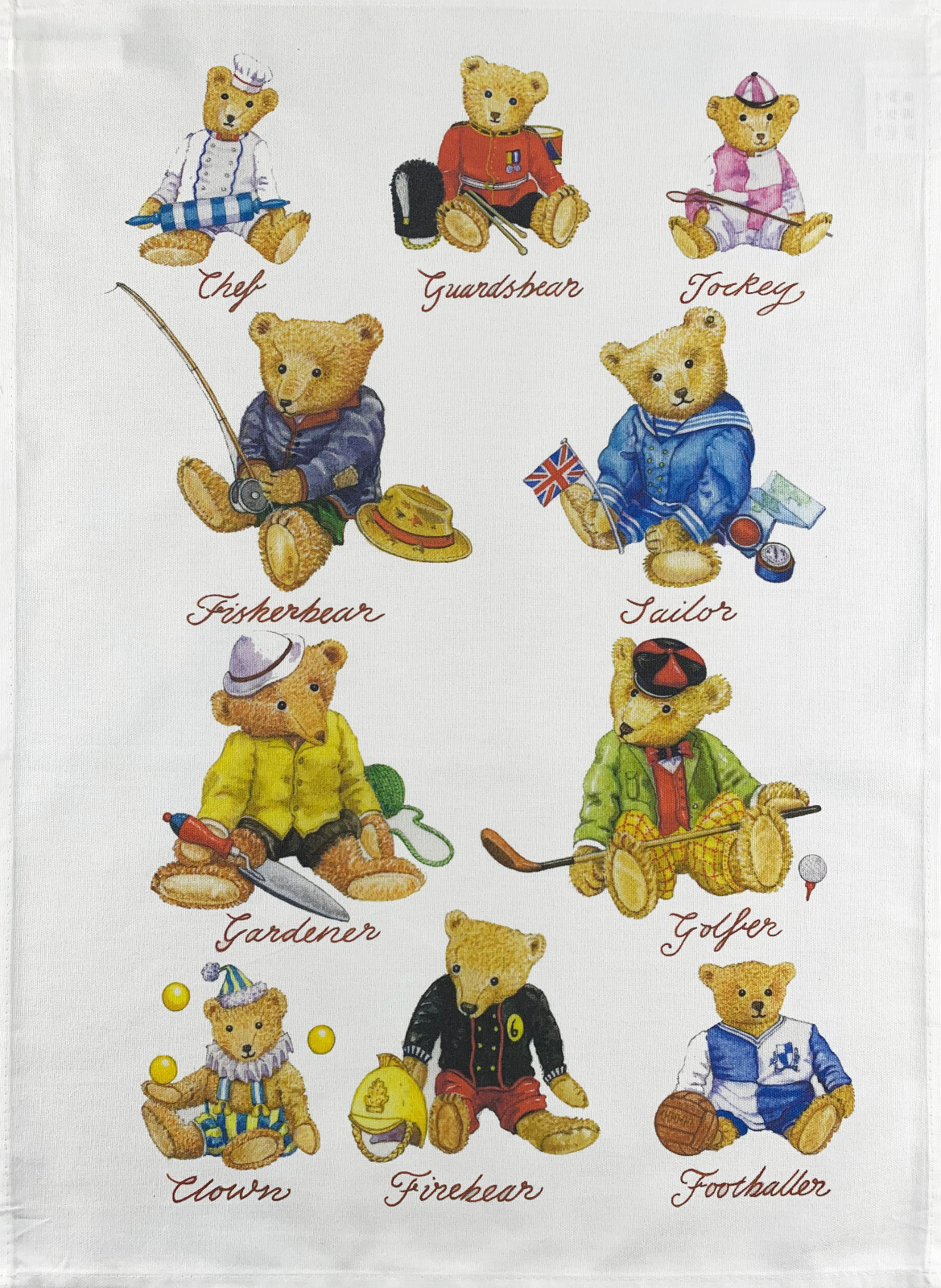 Teddy Bears Collection Tea Towel, machine washable, cotton, hand drawn