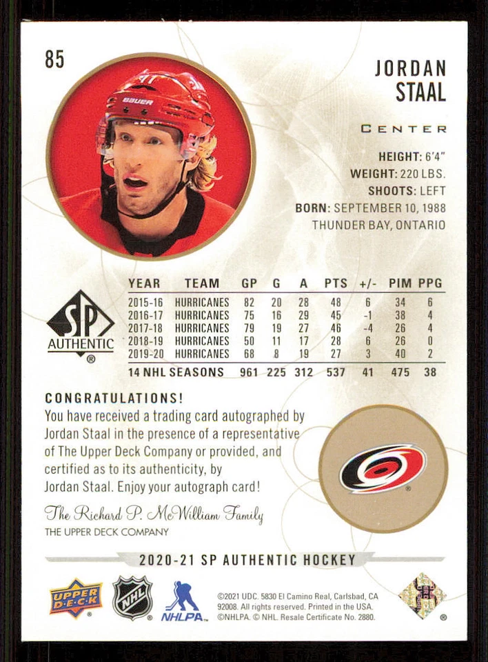 2020-21 SP Authentic Limited AUTO #85 Jordan Staal - Image 2 of 2