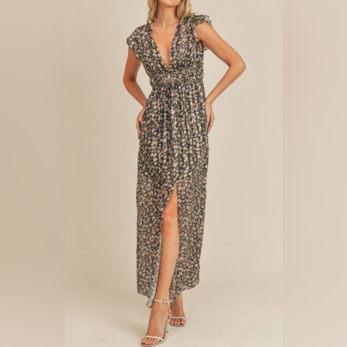 Lush Silky Maxi Dress Metallic Cheetah Print Plunging Neckline & Slit Sz Small | eBay Lush Silky Maxi Dress Metallic Cheetah Print Plunging Neckline & Slit Sz Small | eBay