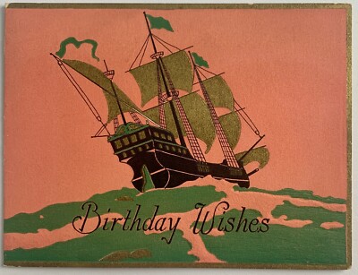 Beautiful Vintage Small Birthday Wishes Card Ship at Sea Fold Open Gold Tone