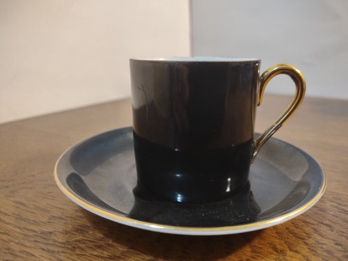 Victoria Czechoslovakia Demitasse Set Cup Saucer Porcelain Black Gold Rim Floral - Picture 5 of 12