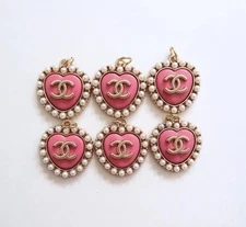 Vintage CC Pink Heart Pearl Pendant STAMPED - 6 PC