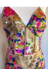 evening gownfliral sequin maxi dress with sheer corset top