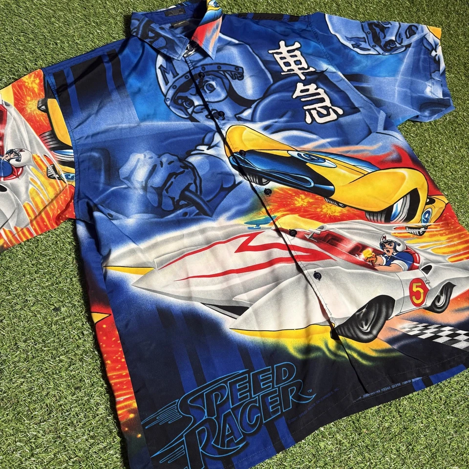  Speed Racer 蓝色纽扣短袖衬衫 - XL - 复古 2001 男式 — 第 2/4 张图片