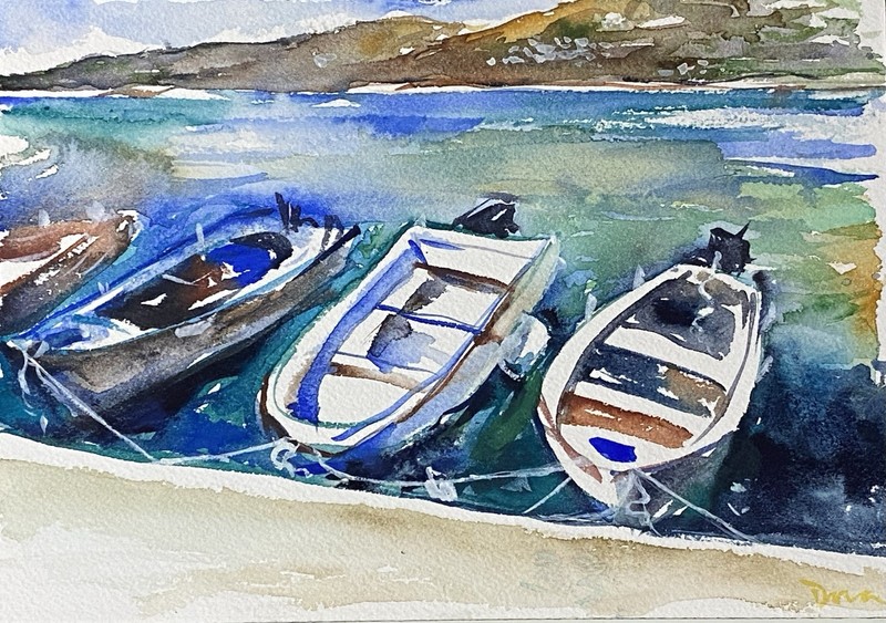 Greece Island Boats Seaside Landscape Watercolor Painting  Colorful Scenery