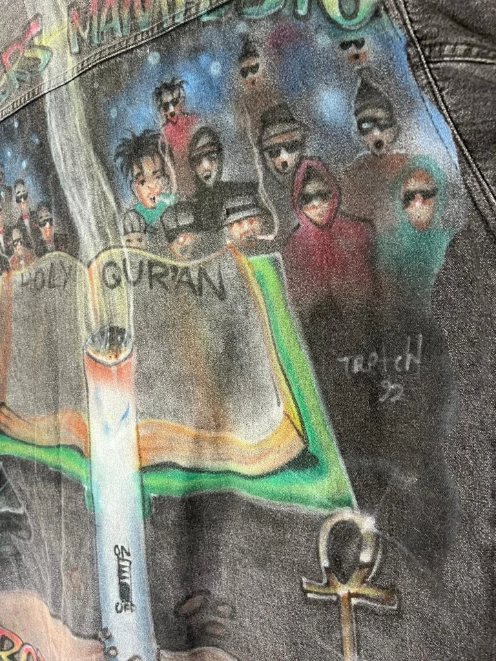 Chaqueta Vaquera Gris Levis De Colección Personalizada Pintada a Mano Brother Manifesto Corán M Foto 4 de 4