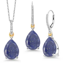 925 Silver and 10K Yellow Gold Pendant with Chain Earrings Set Lapis Moissanite